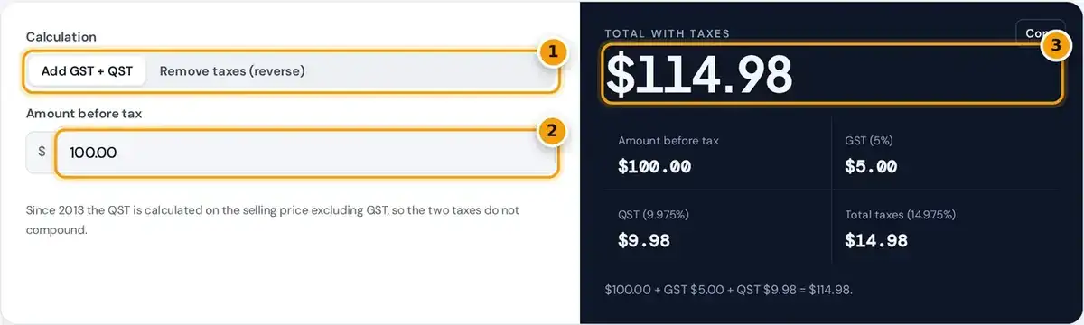 How to use the Quebec sales tax calculator: choose add or remove, enter the amount and read GST and QST