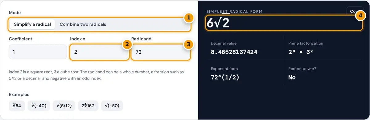 How to use the Radical Calculator: mode switch, index, radicand and the simplified radical