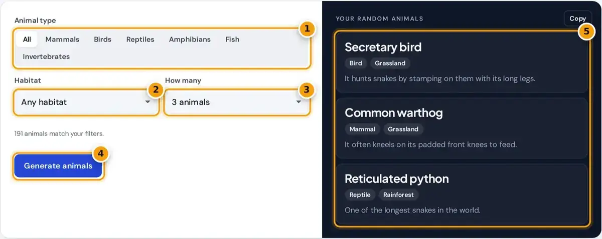 How to use the random animal generator: choose type, habitat and count, then generate animals