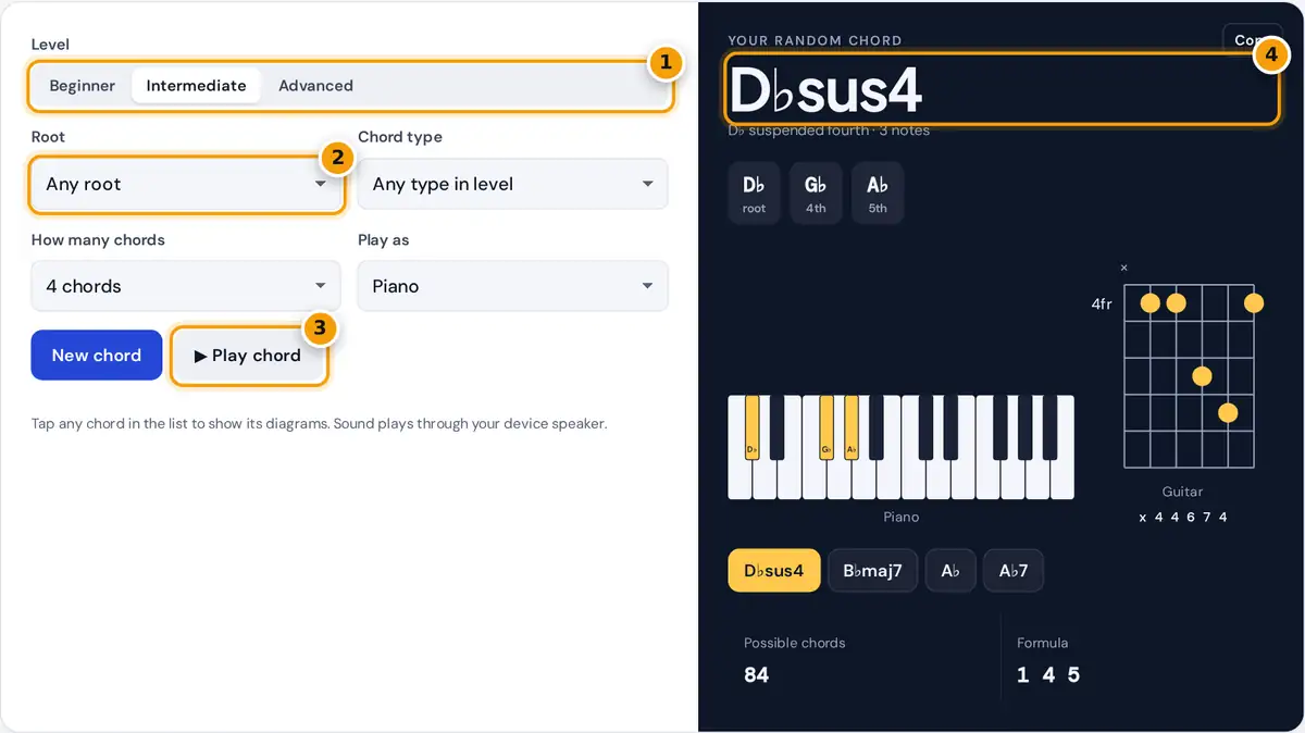 How to use the random chord generator: set level and root, play the chord, then read notes and diagrams