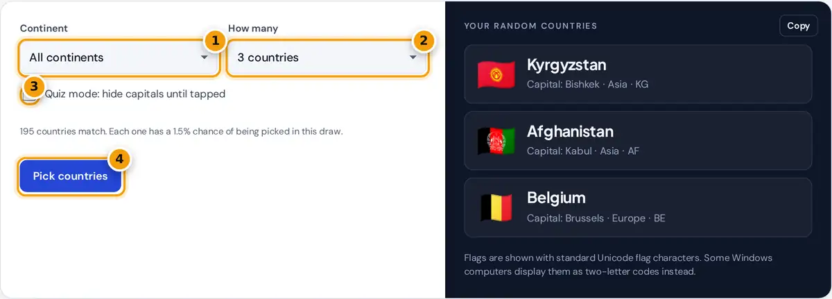 How to use the random country generator: pick a continent and count, choose quiz mode, then press Pick countries