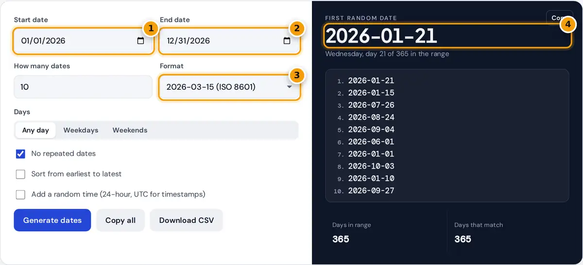 How to use the random date generator: set the range, count and format, then copy or download dates