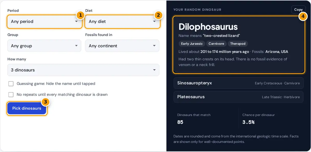 How to use the random dinosaur generator: set period and diet, pick dinosaurs, then read the details