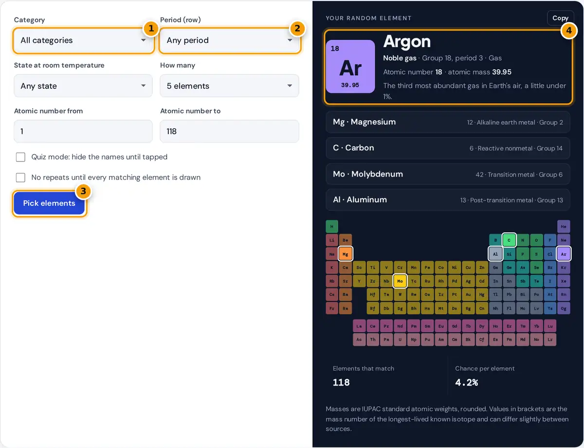 How to use the random element generator: pick a category and period, draw elements, read the data