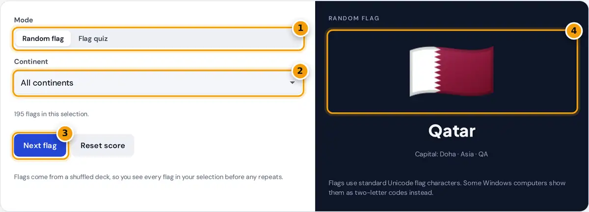 How to use the random flag generator: pick a mode and continent, press Next flag, then read the country