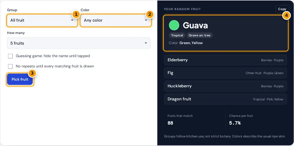 How to use the random fruit generator: choose a group and color, pick fruit, then read the facts