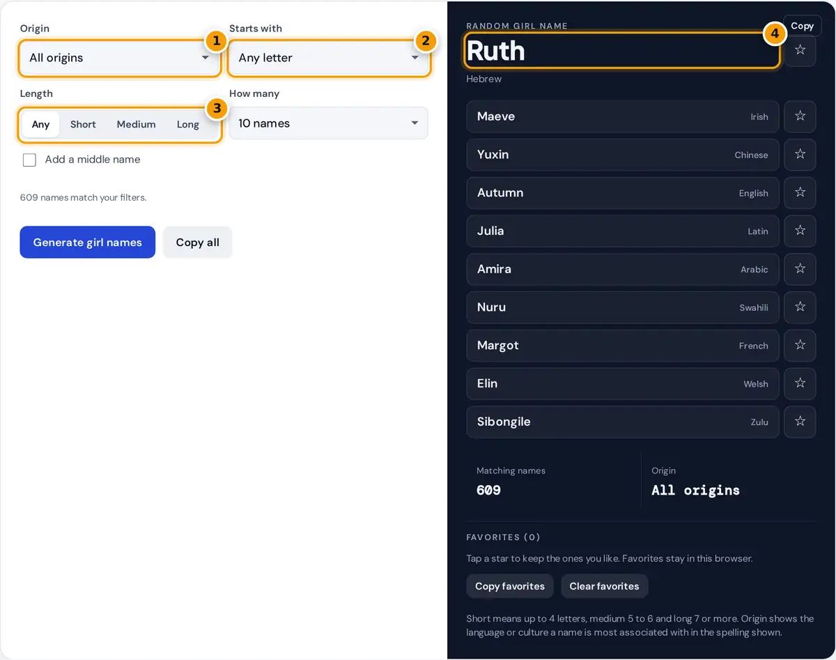 How to use the random girl name generator: set origin, letter and length, then save favorite names