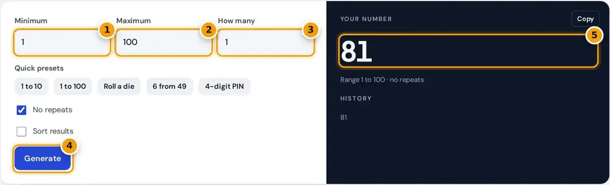 How to use the random number generator: set minimum, maximum and count, then press Generate