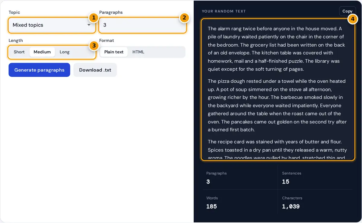 How to use the random paragraph generator: choose topic, count and length, then copy or download text