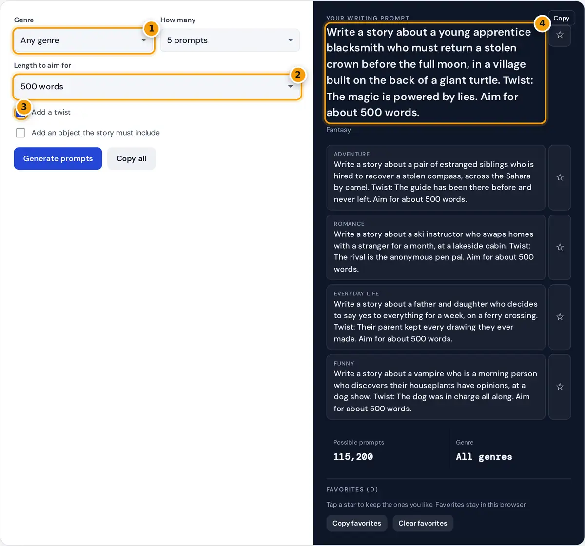 How to use the random prompt generator: choose genre, length and twist, then copy or save prompts