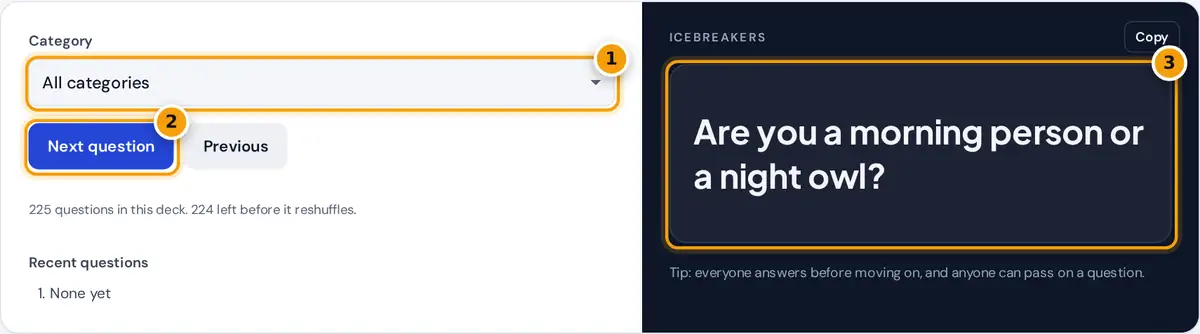 How to use the random question generator: choose a category, press Next question, read or copy the question