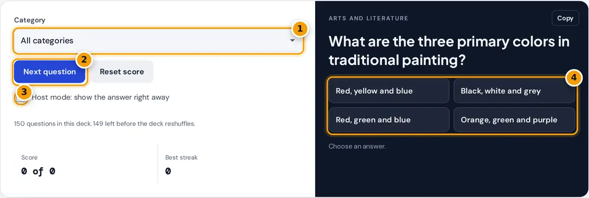 How to use the random trivia generator: choose a category, press Next question, then pick an answer