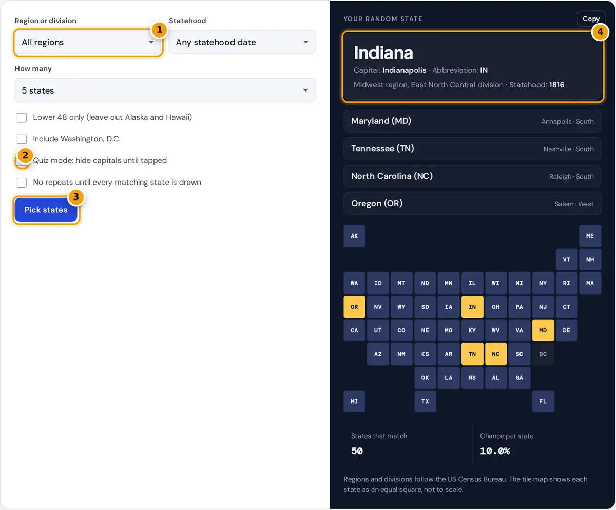 How to use the random US state generator: choose a region, set quiz mode, pick states and read details