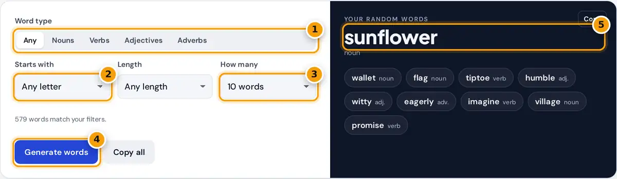 How to use the random word generator: pick word type, letter and count, press Generate words, copy a word