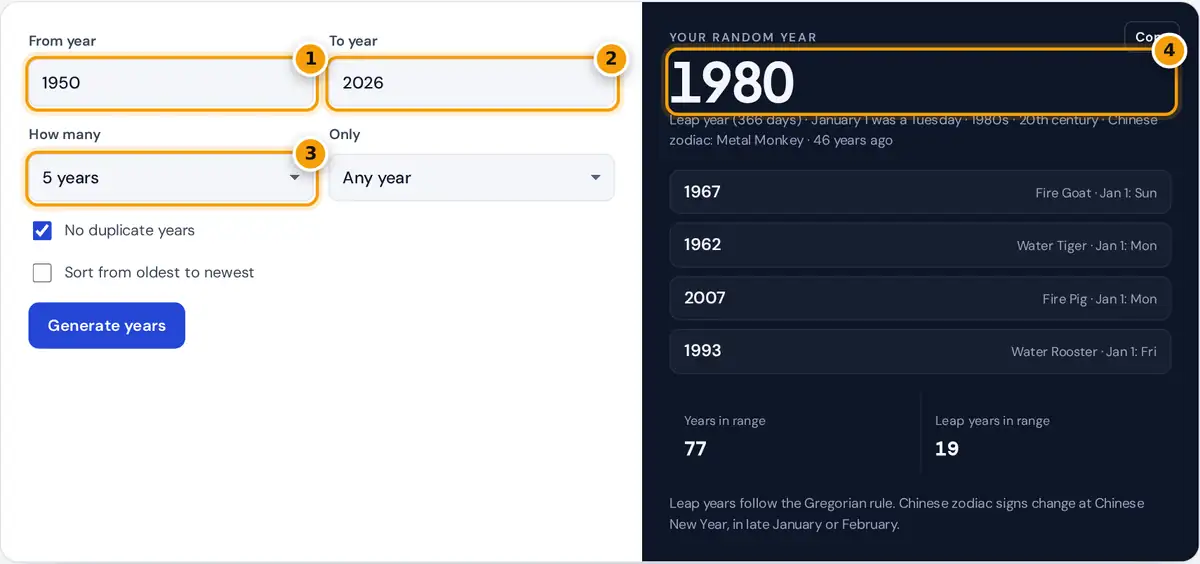 How to use the random year generator: enter a range, choose how many, then read each year's details