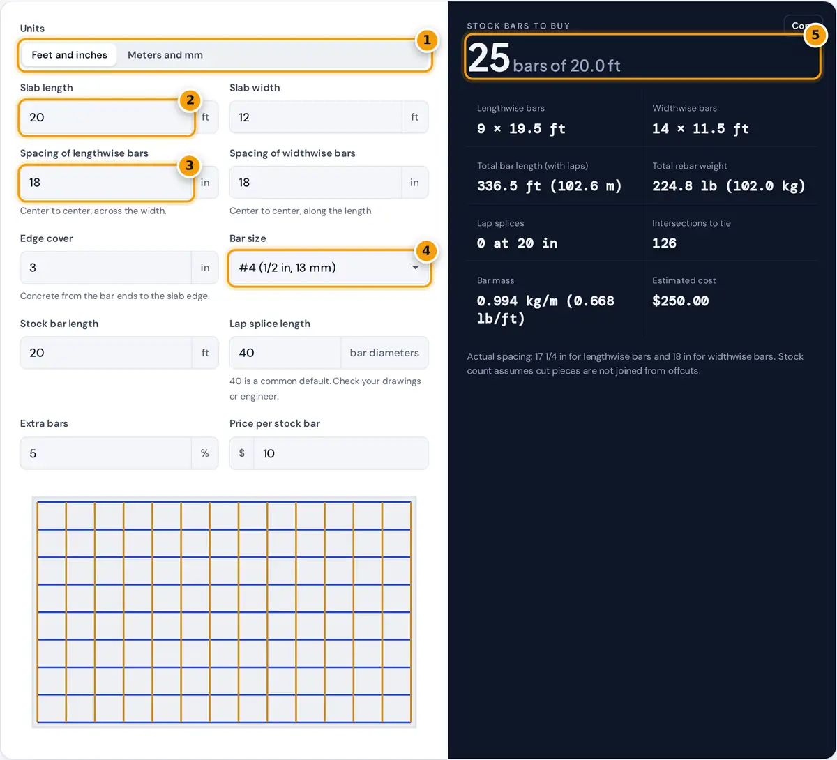 How to use the rebar calculator: set units, enter slab size and spacing, pick bar size, read bars to buy
