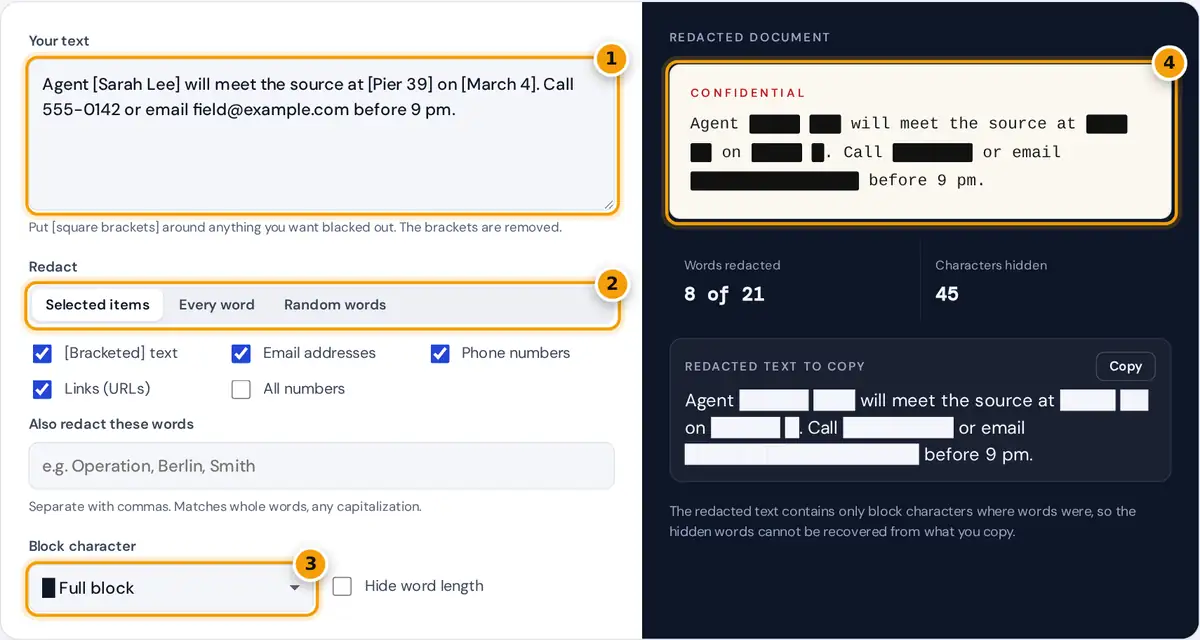 How to use the redacted text generator: mark words, choose a mode and block, then copy the redacted text