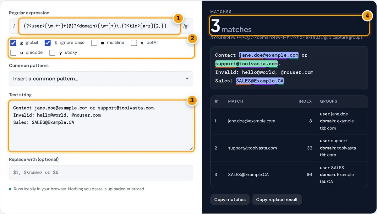 How to use the regex tester: type a pattern, choose flags, paste text, read matches and capture groups