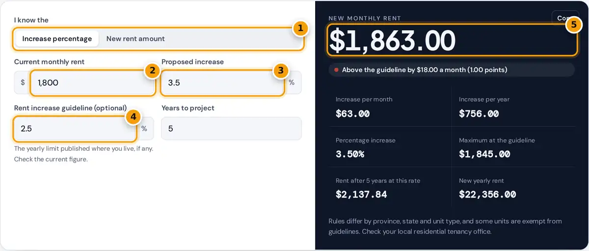 How to use the rent increase calculator: choose a mode, enter rent and increase, add the guideline, read the new rent