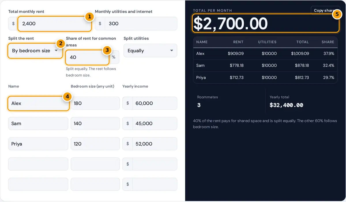 How to use the rent split calculator: enter rent and utilities, choose a method, add roommates, read each share