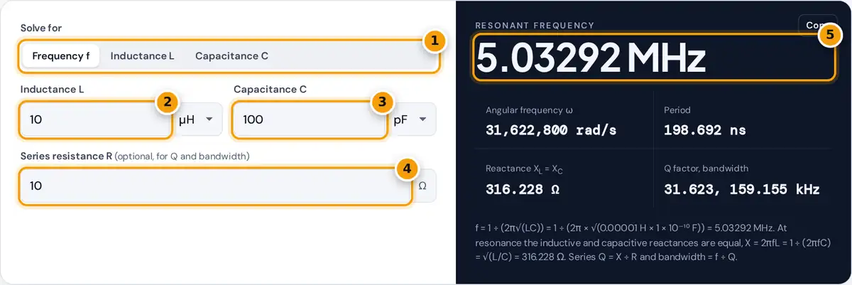 How to use the Resonant Frequency Calculator: solve-for switch, L, C, R and frequency result