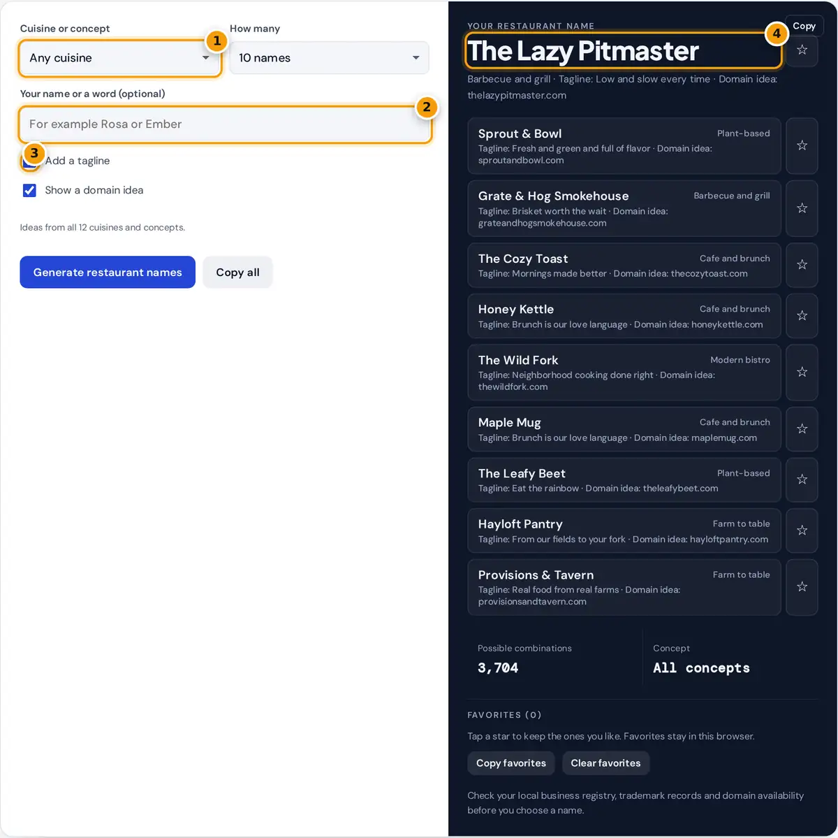 How to use the restaurant name generator: pick a cuisine, add your name, then copy or save name ideas