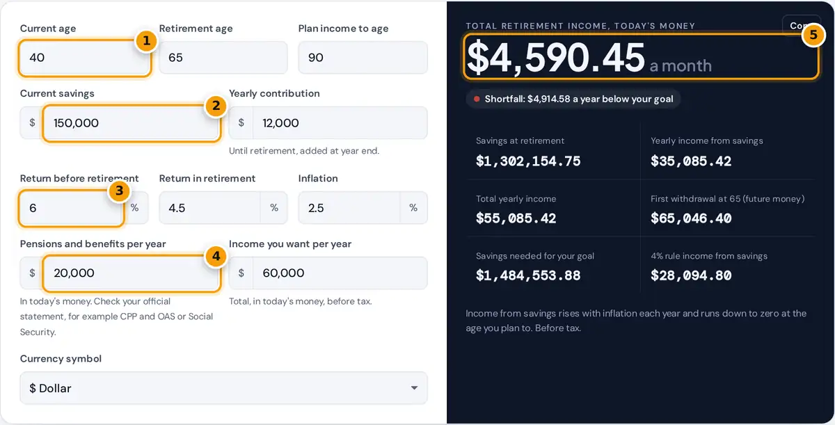 How to use the retirement income calculator: enter ages, savings, returns and pensions, then read monthly income