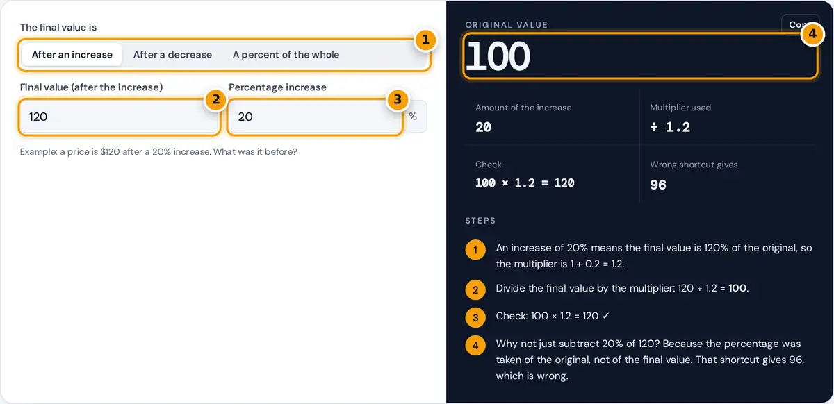 How to use the Reverse Percentage Calculator: change type, final value, percent and result