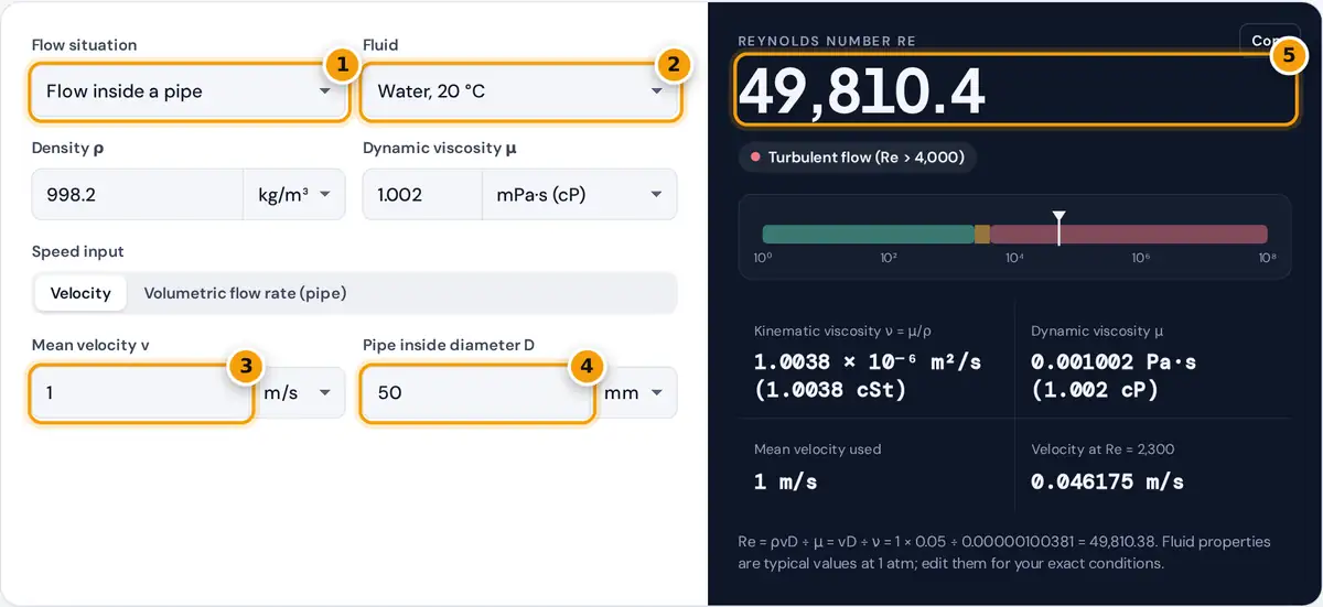 How to use the Reynolds Number Calculator: flow type, fluid preset, velocity, diameter and Re