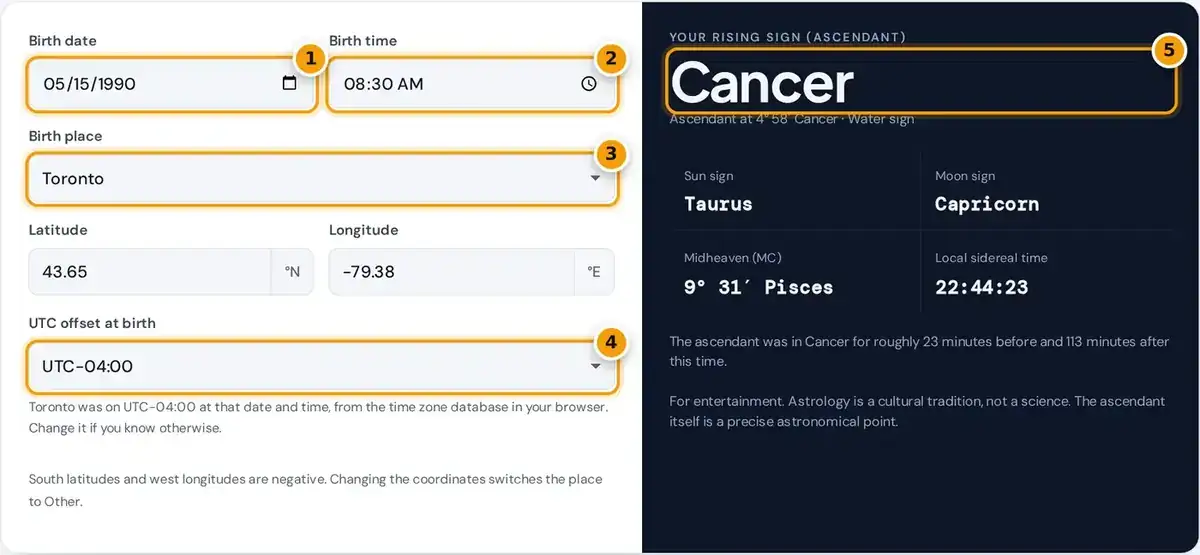 How to use the rising sign calculator: enter birth date, time and city, then read your ascendant