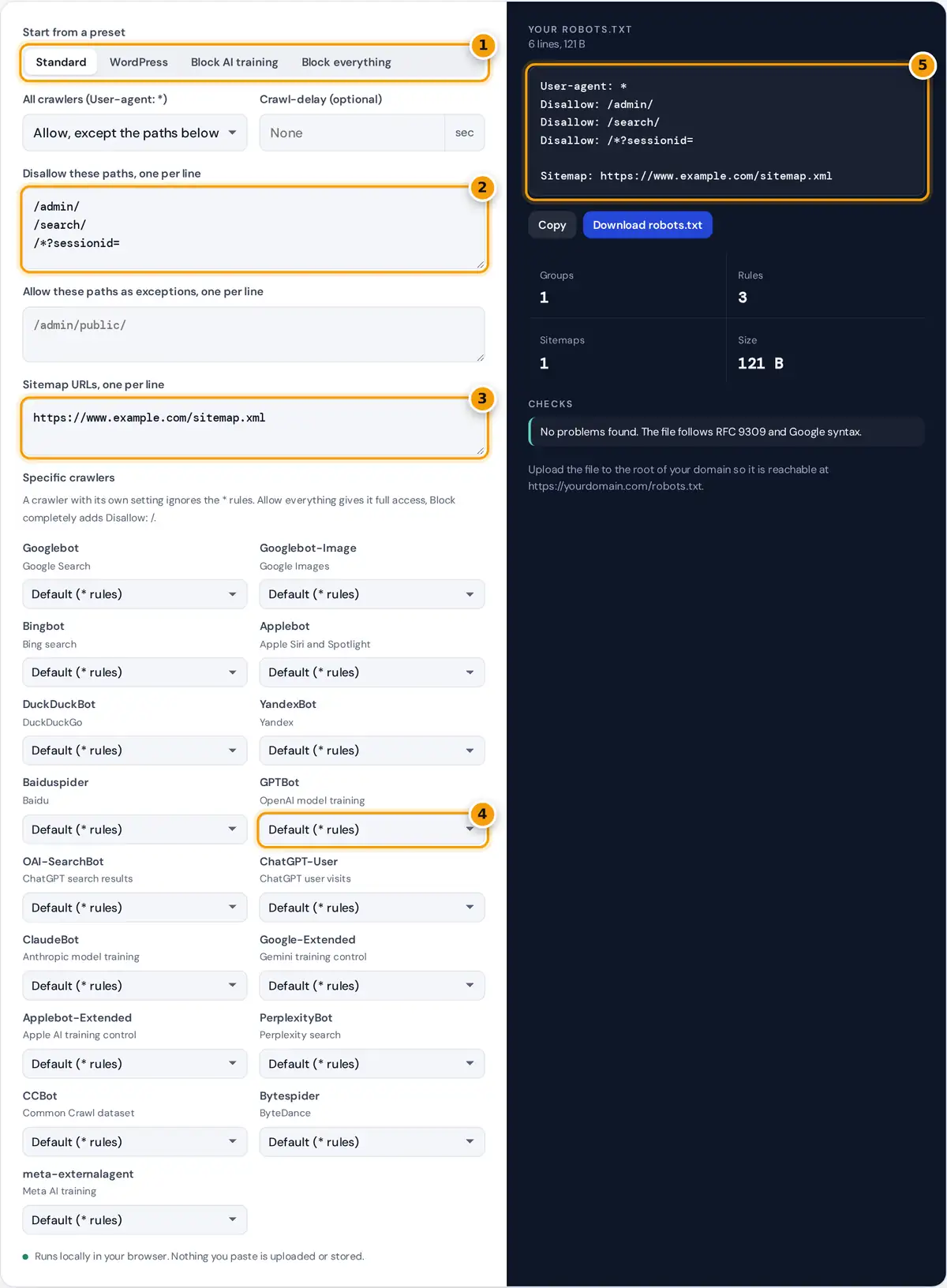 How to use the robots.txt generator: pick a preset, add paths and sitemap, set crawlers, download the file