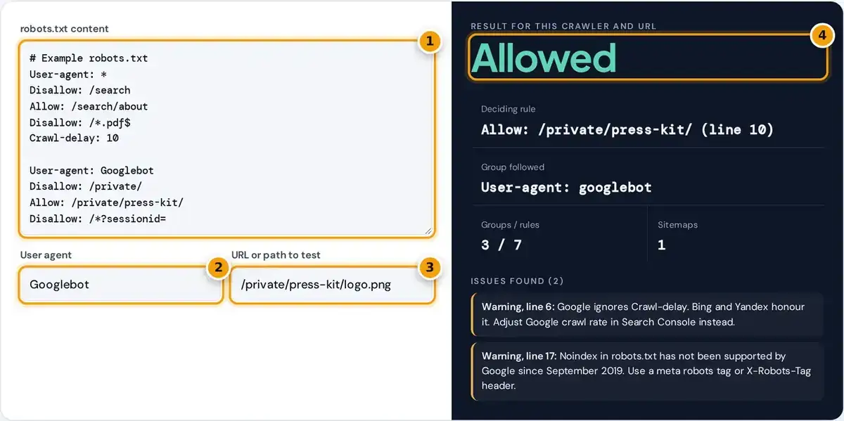 How to use the robots.txt validator: paste robots.txt, set the user agent and URL, then read allowed or blocked