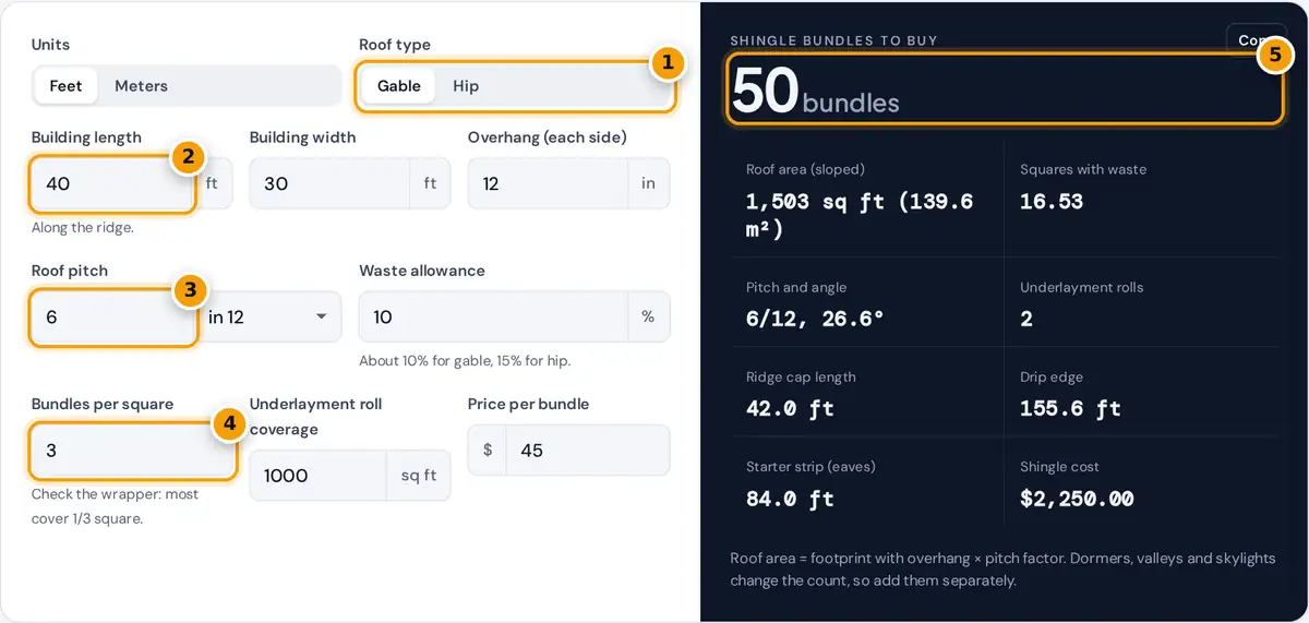 How to use the roofing calculator: choose roof type, enter footprint, overhang and pitch, read bundles and squares
