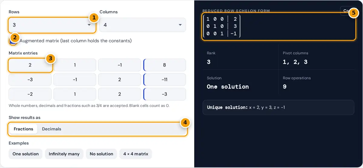 How to use the RREF Calculator: size menus, augmented option, matrix grid, format switch and the reduced matrix