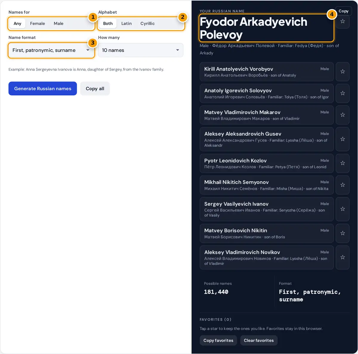 How to use the Russian name generator: choose gender, alphabet and format, then copy the generated name