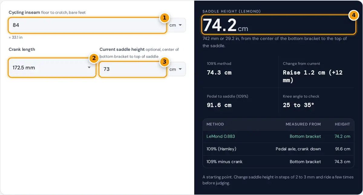 How to use the saddle height calculator: enter inseam, crank length and current height, read the result