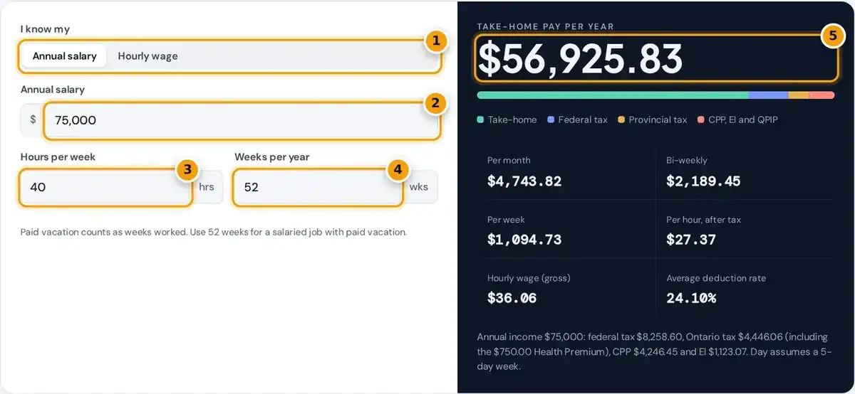 How to use the salary calculator Ontario: pick salary or hourly, enter pay and hours to see take-home pay