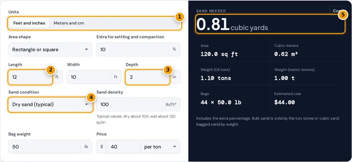 How to use the sand calculator: choose units, enter area and depth, pick sand type, read volume and bags