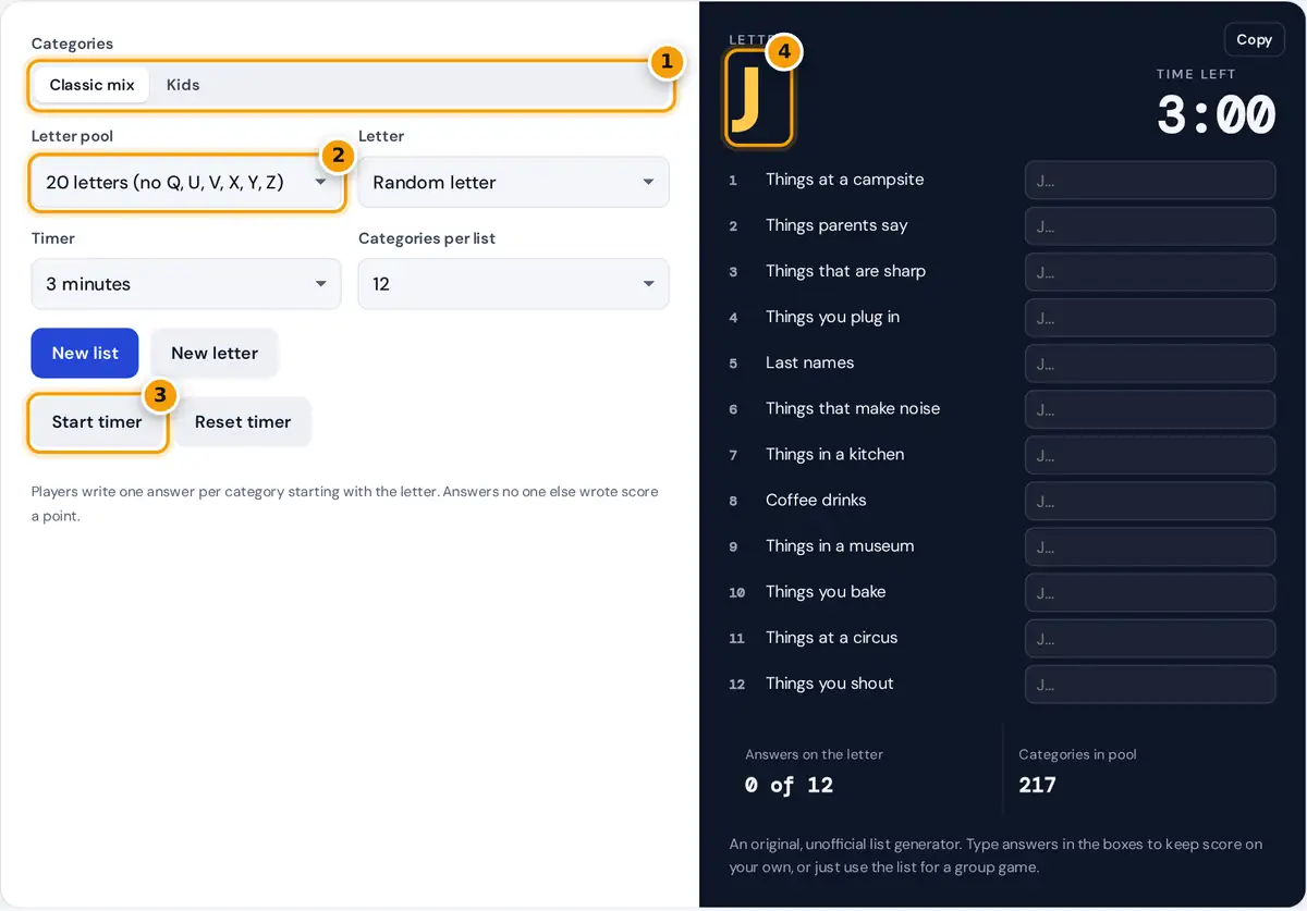 How to use the Scattergories generator: pick categories and letters, start the timer, then play