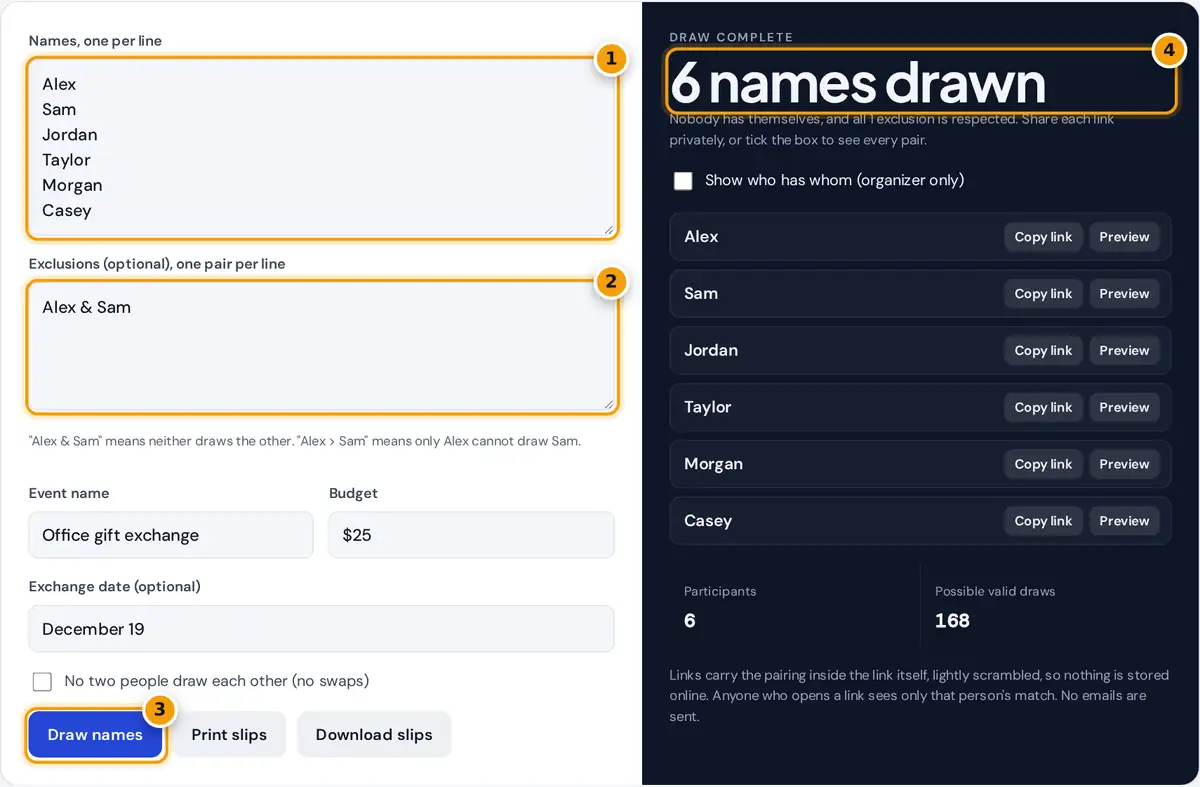 How to use the Secret Santa generator: enter names and exclusions, draw, then share private links