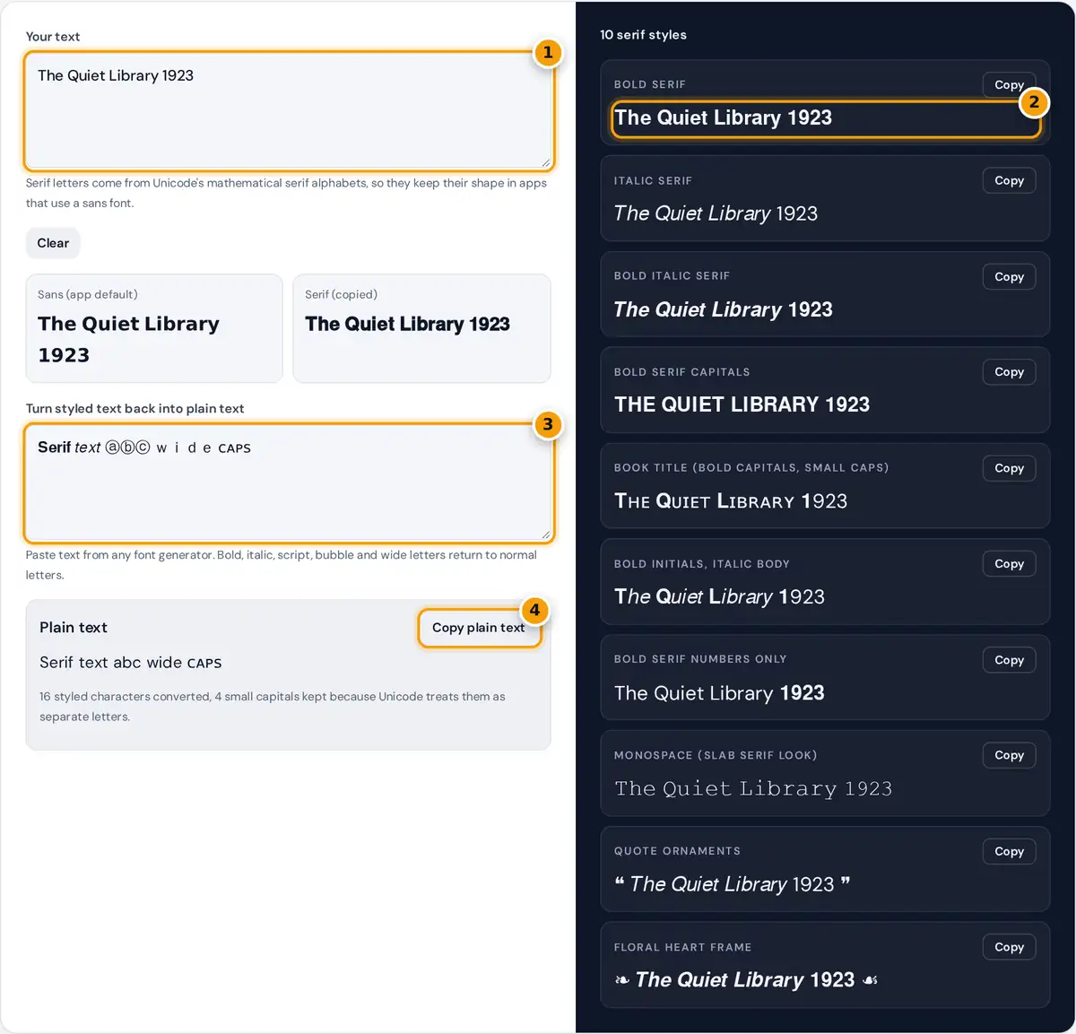 How to use the Serif Font Generator: type text, copy a serif style, or convert styled text back to plain