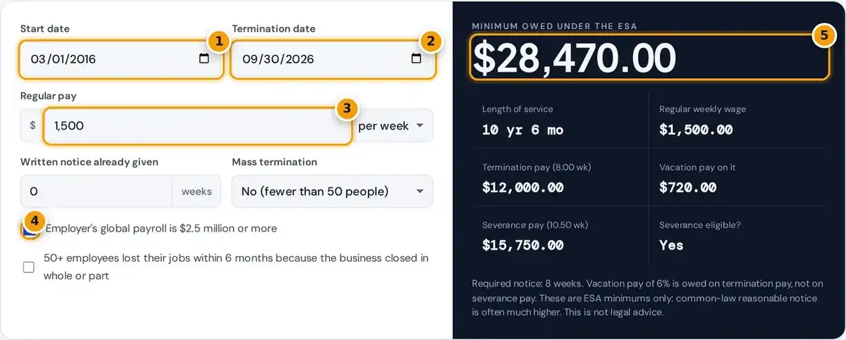 How to use the severance pay calculator: enter start and end dates, pay and payroll size, then read the ESA minimum