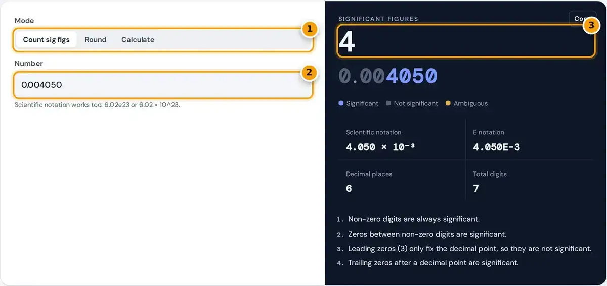 How to use the sig fig calculator: choose count, round or calculate, enter a number and read the sig figs