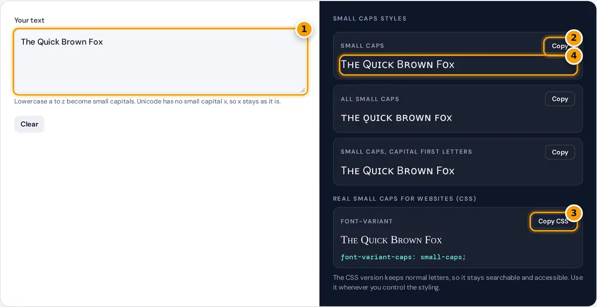 How to use the small caps generator: type your text, then copy a small caps style or the CSS code
