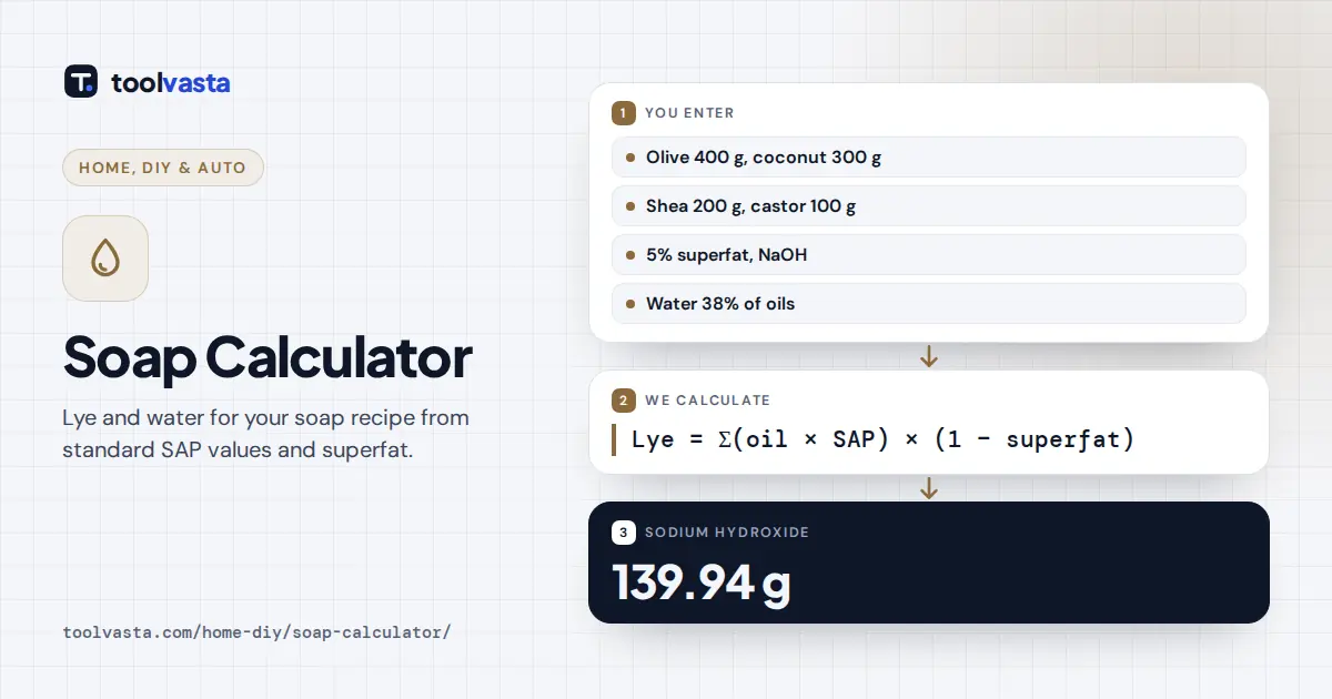 Soap calculator diagram: 1,000 g of olive, coconut, shea and castor oil with 5% superfat needs 139.94 g NaOH