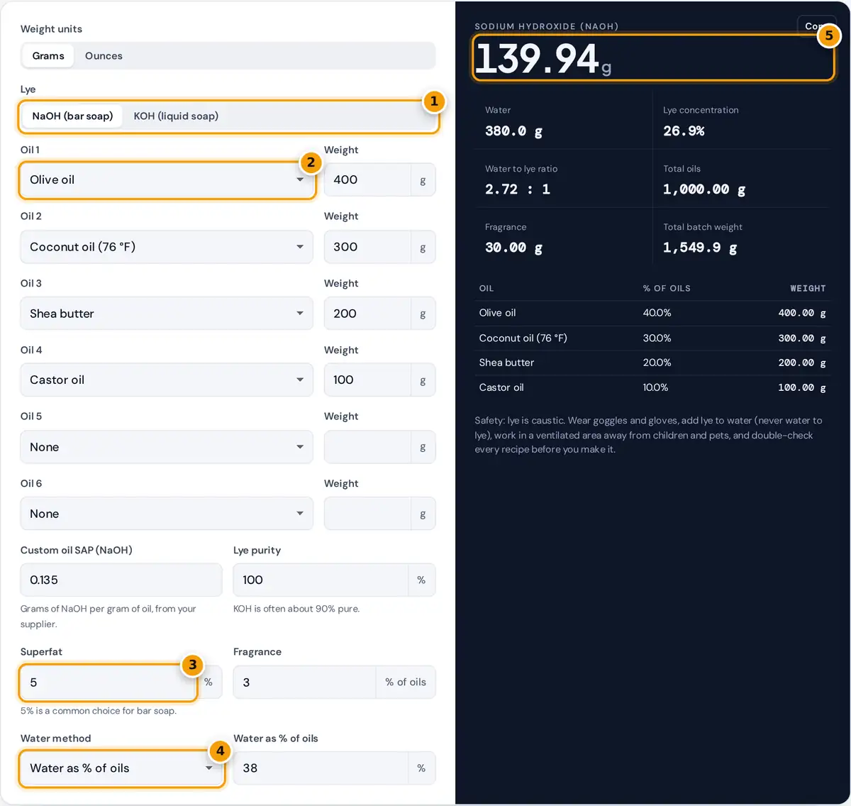 How to use the soap calculator: pick lye type, choose oils and weights, set superfat and water, read lye