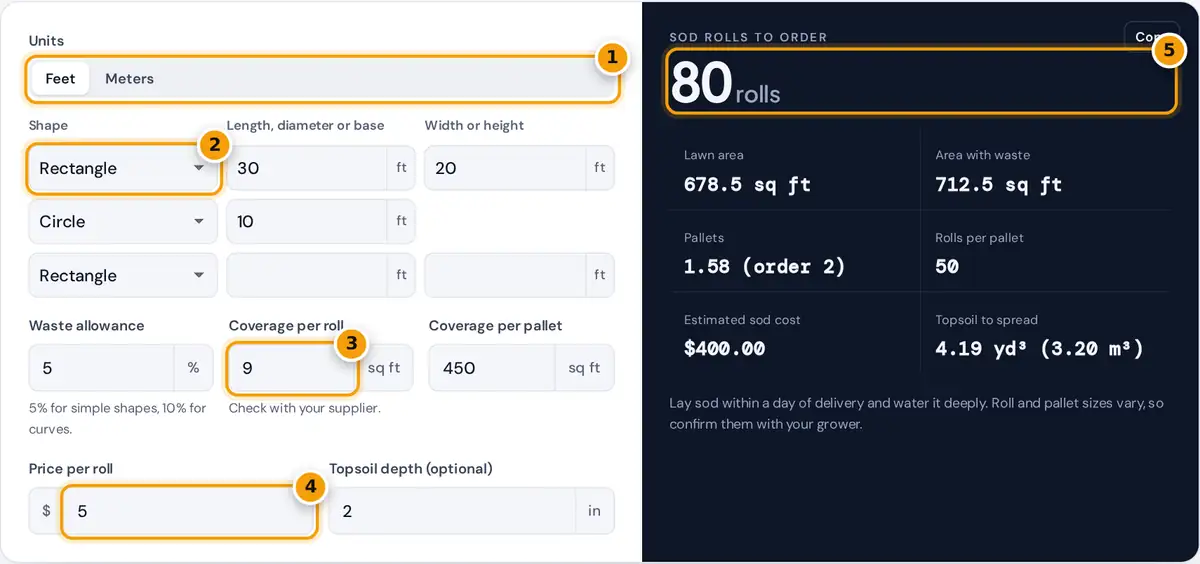 How to use the sod calculator: choose units, enter lawn shapes, set roll and pallet coverage and price, read rolls