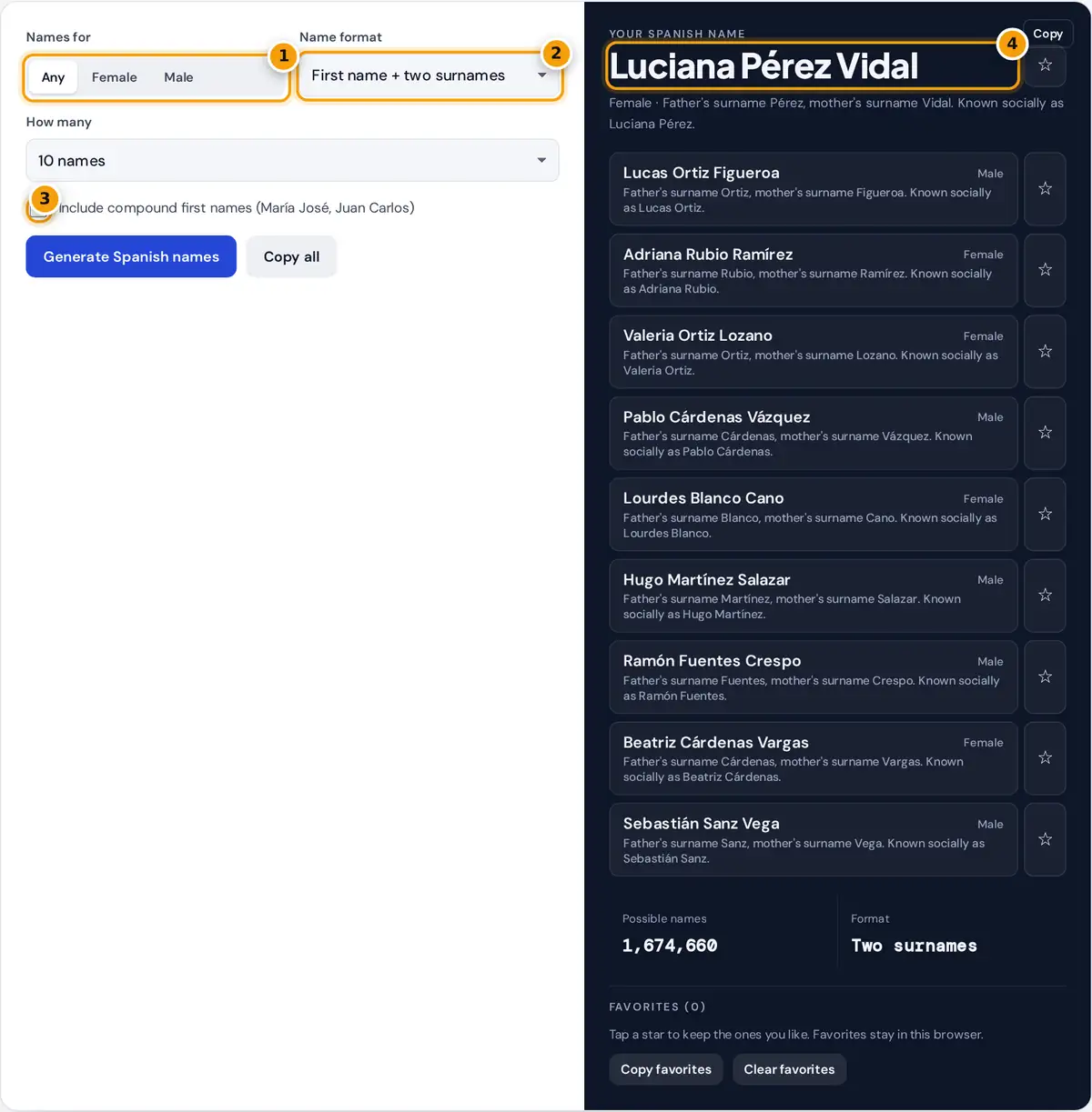 How to use the Spanish name generator: choose gender and format, add compound names, then copy names