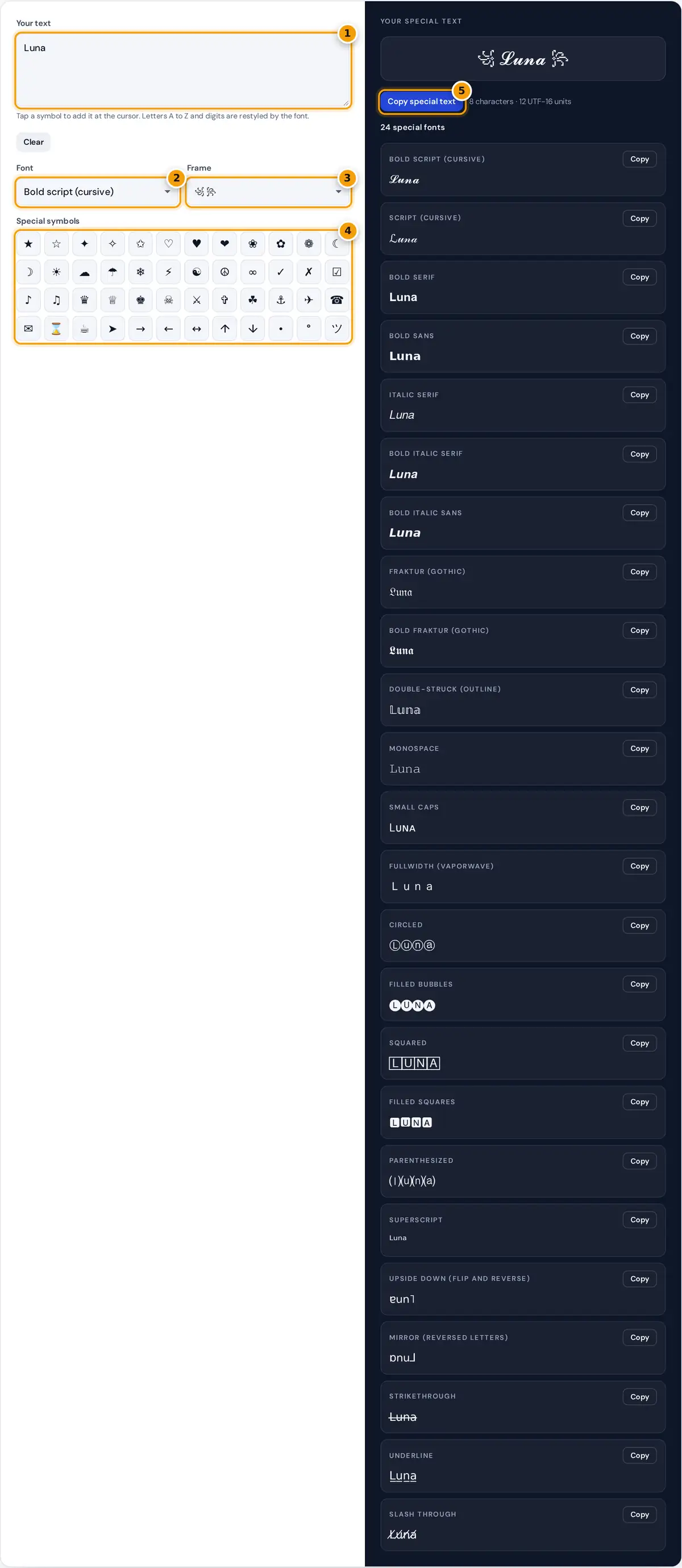 How to use the Special Font Generator: type a name, choose a font and frame, add symbols, then copy