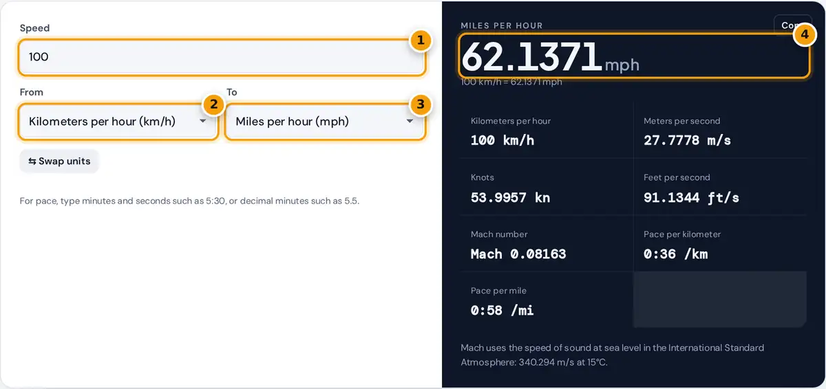 How to use the speed converter: enter a speed, pick from and to units, read the converted speed